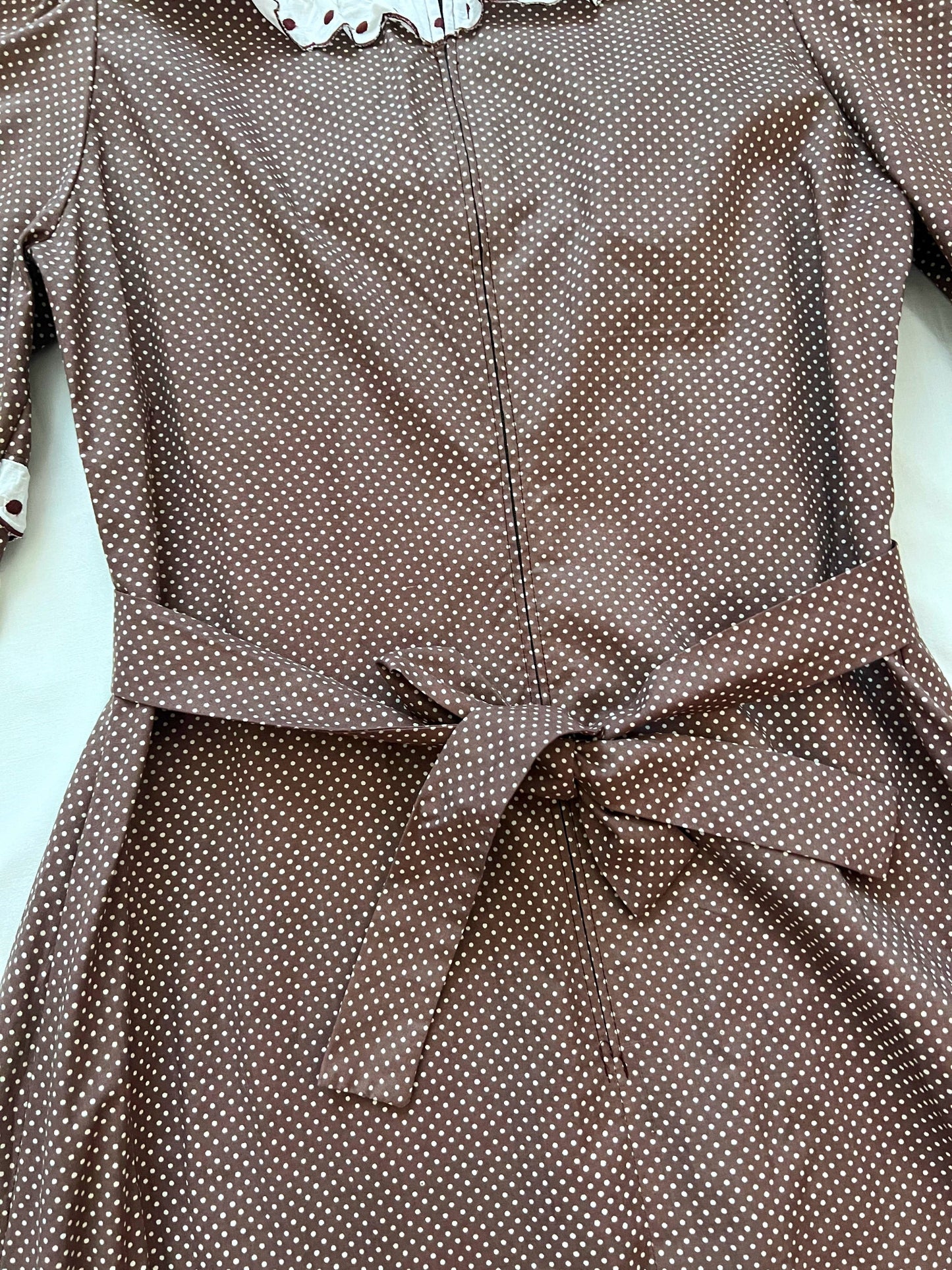 70s brown & white polka dot dress, Size L