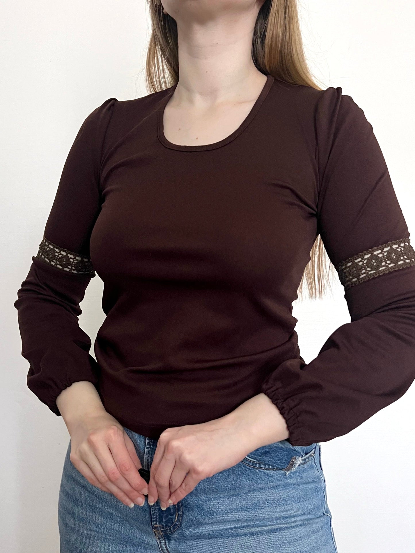 70s brown lace detail top, Size XS-S