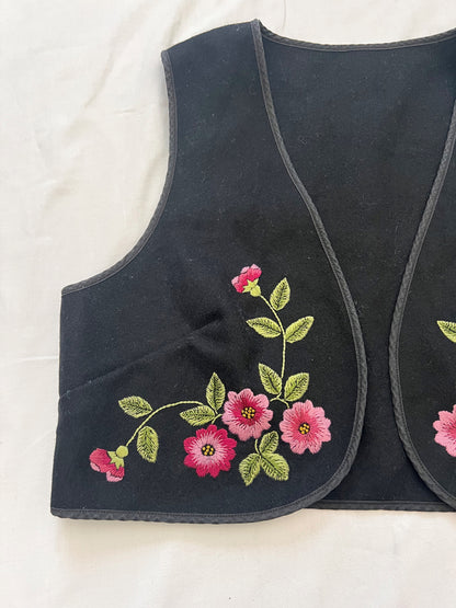 70s black and pink floral vest, Size S-M