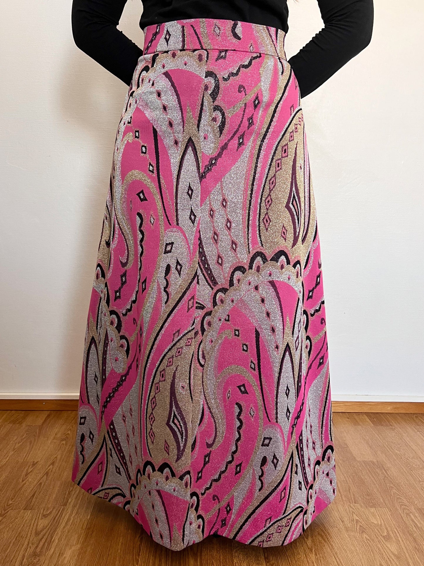 70s pink glittery maxi skirt, Size S