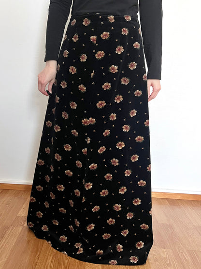 60s black velvet flower maxi skirt, Size M