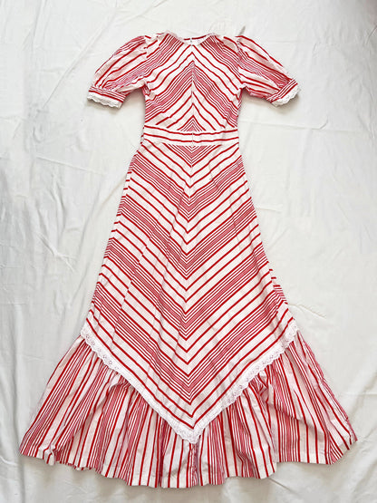 70s cotton red and white stripes maxi dress, Size XS-S
