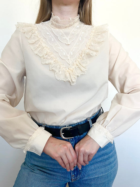 70s white ruffle blouse, Size M