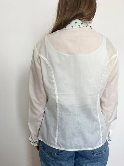 60s white and green polka dot shirt, Size L-XL