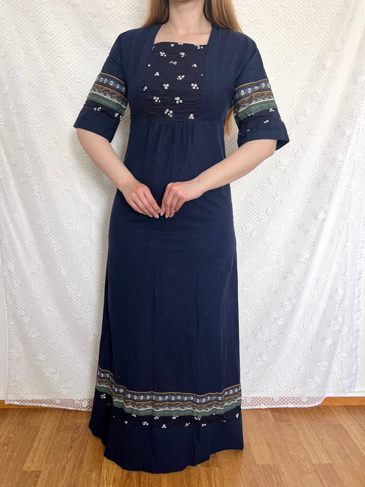 70s cotton dark blue maxi dress, Size S