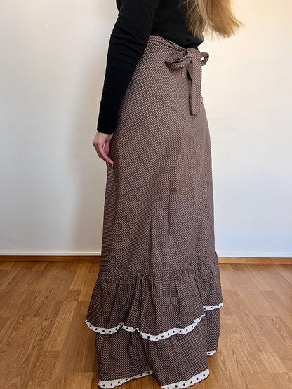 70s Pia & Paula brown and white polka dot maxi skirt, Size XS