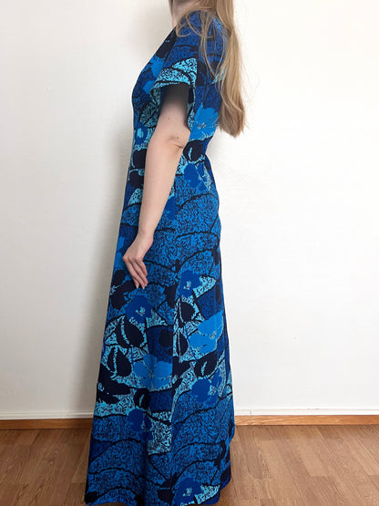 70s blue floral maxi dress, Size S-M