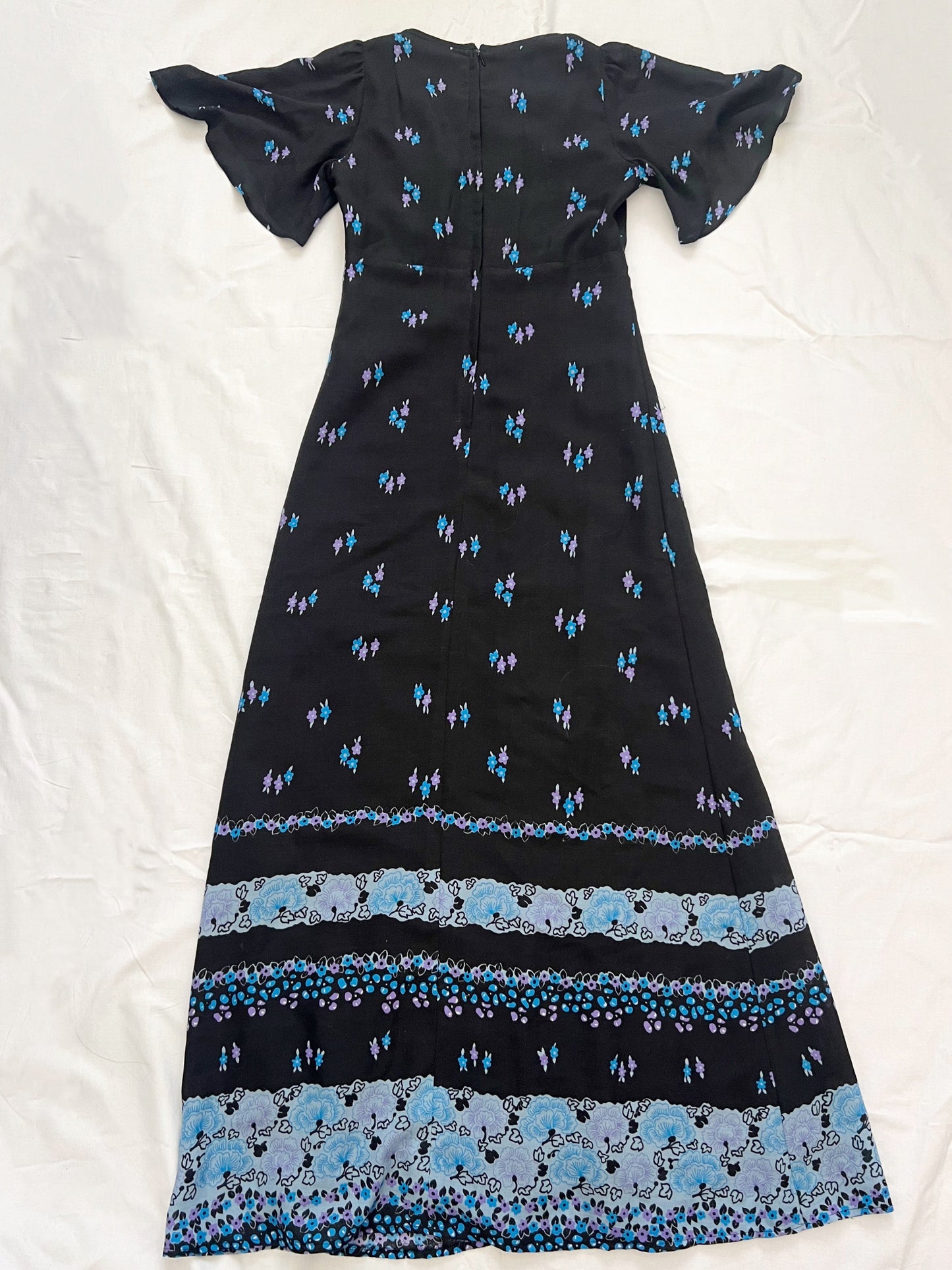 70s black and blue flutter sleeves maxi dress, Size XS