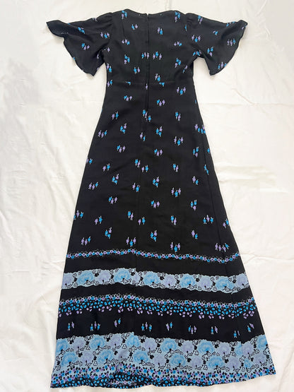 70s black and blue flutter sleeves maxi dress, Size XS