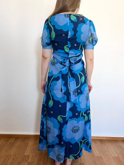 70s blue floral dress, Size XS-S