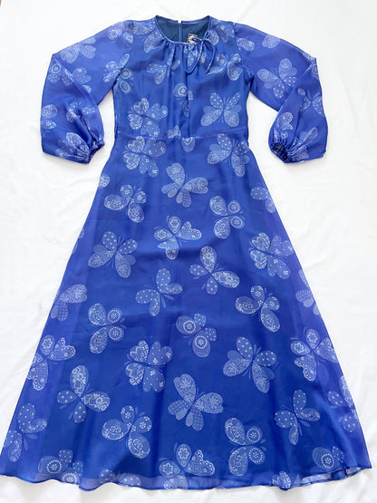 60s blue butterfly dress, Size M-L