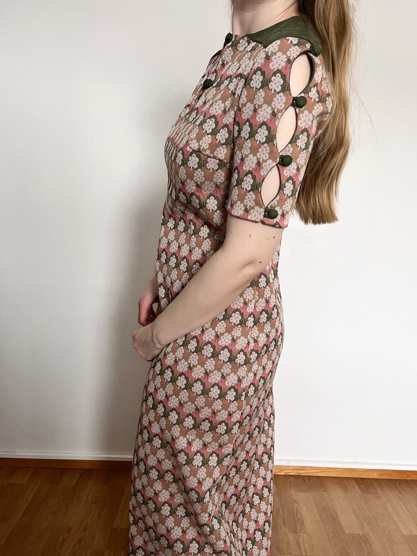 60s long floral motif dress, Size S-M
