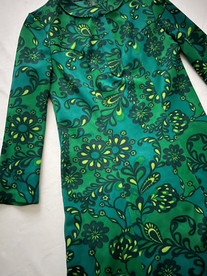60s green flower dress, Size S