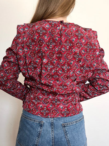80s red ornate pattern blouse, Size XS-S