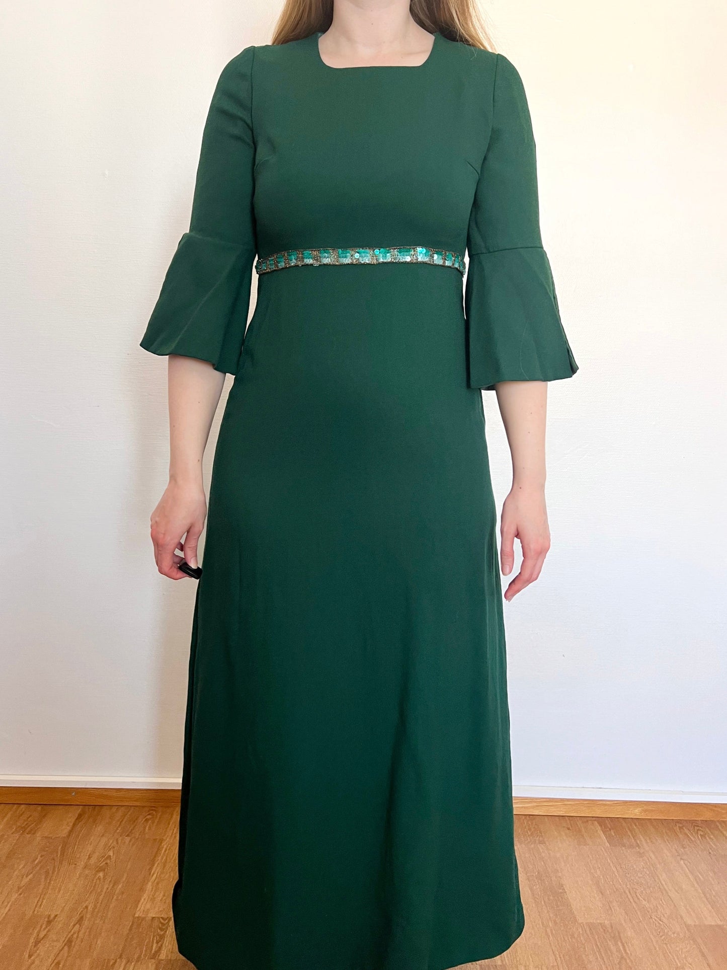 70s green flared sleeves dress, Size S