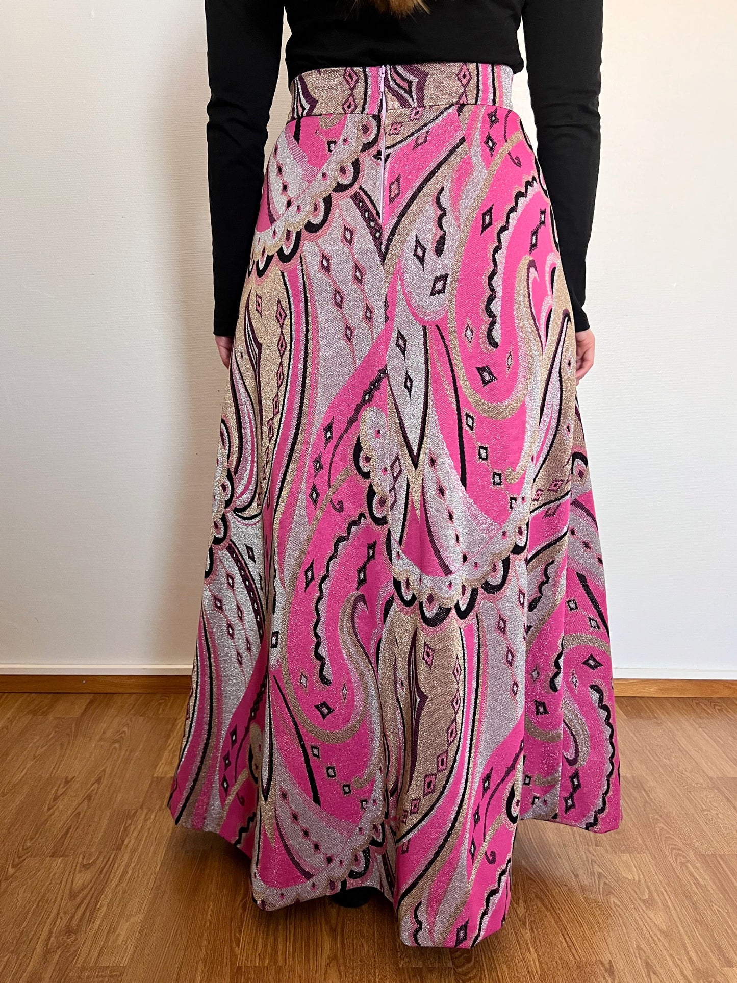 70s pink glittery maxi skirt, Size S