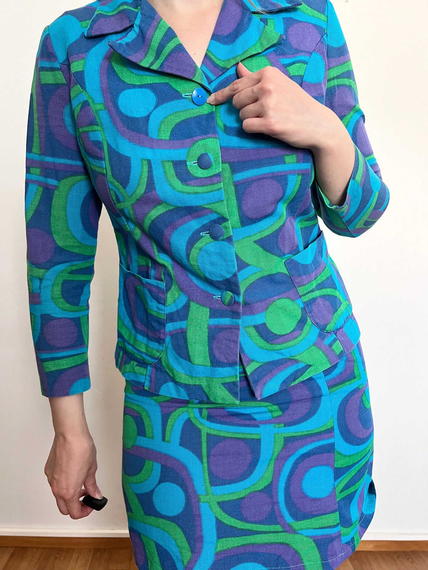 60s blue geometric shirt and skirt set, Size S