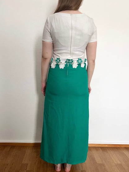 70s white and green maxi dress, Size XS-S