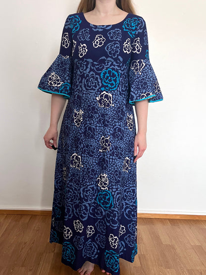 70s 100% cotton blue floral maxi dress, Size S