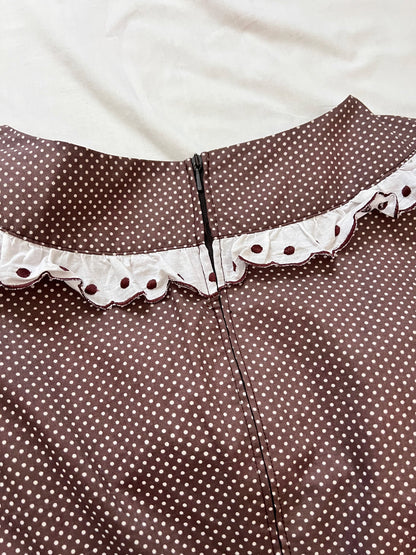 70s brown & white polka dot dress, Size L