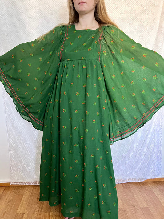 70s green butterfly sleeves dress, Size XS