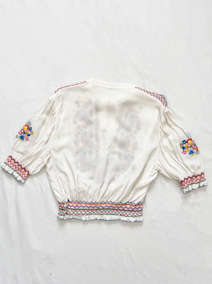 1930s/1940s hand embroidered floral cropped blouse, Size S