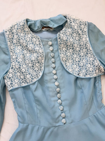 60s blue mini dress with lace vest, Size XS