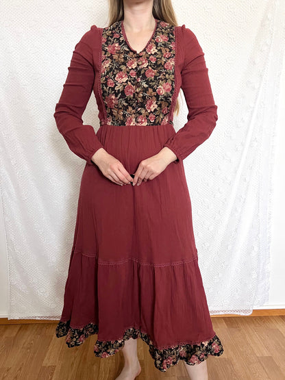 70s floral and burgandy dress, Size M