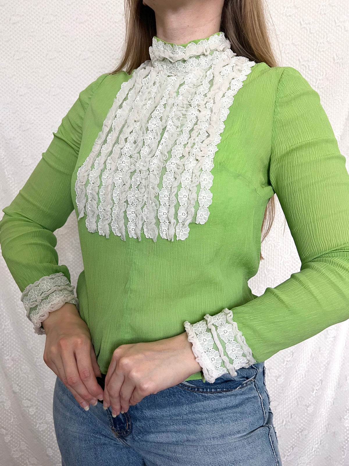 70s Victorian inspired green & lace blouse, Size M