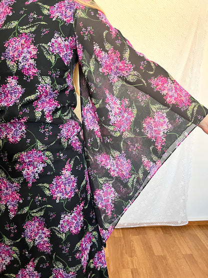 70s floral dramatic sleeves dress, Size XS