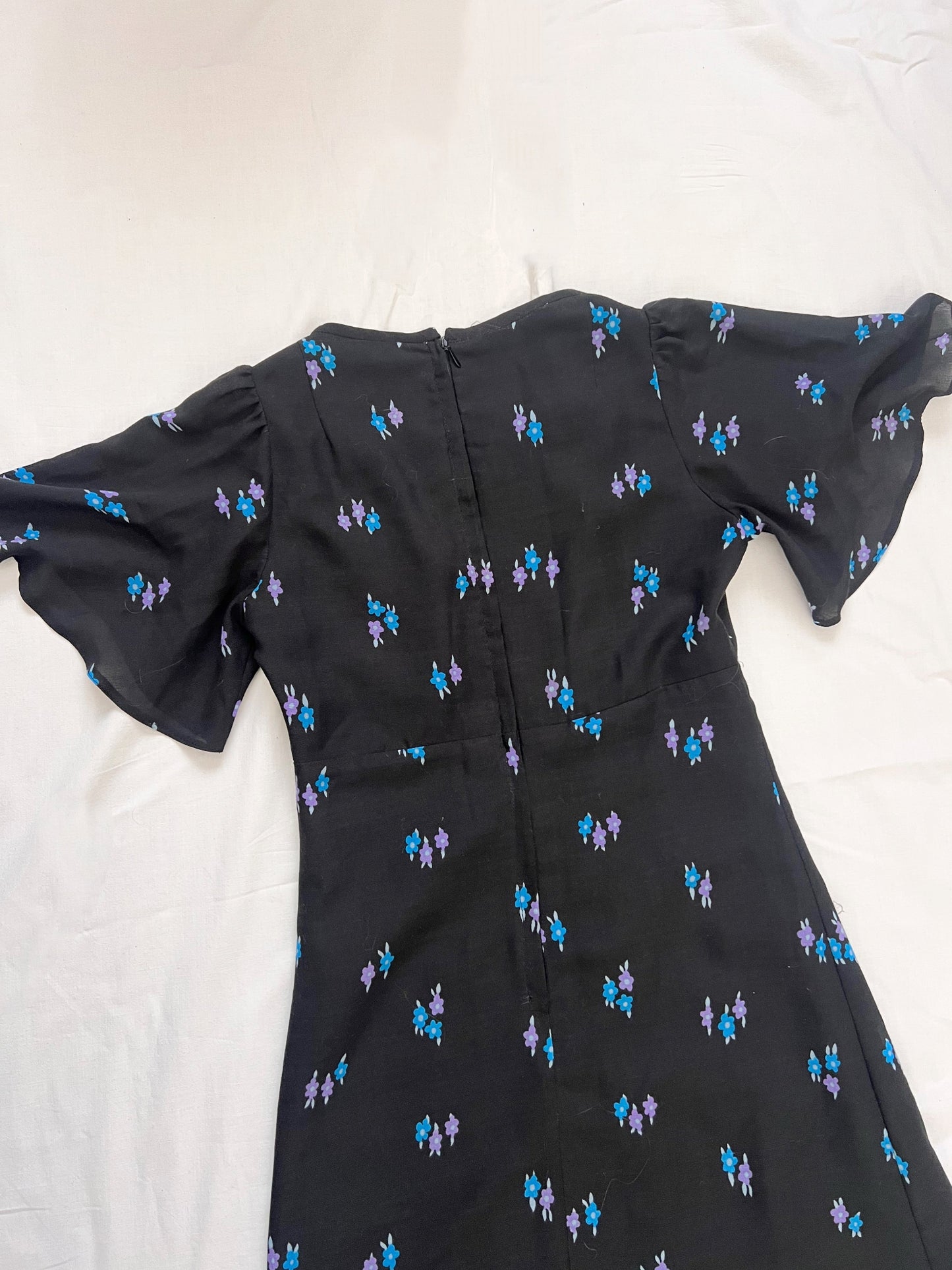 70s black and blue flutter sleeves maxi dress, Size XS