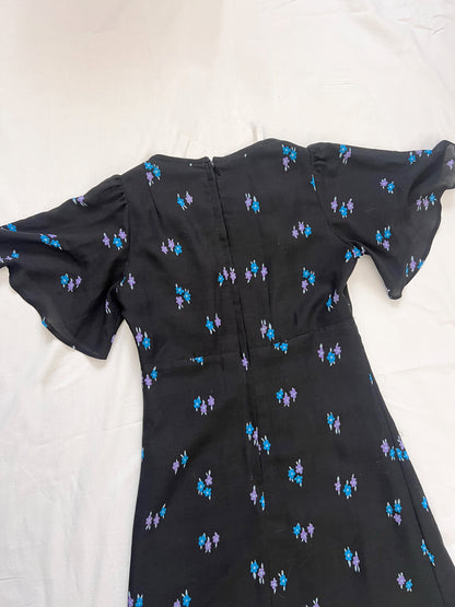 70s black and blue flutter sleeves maxi dress, Size XS