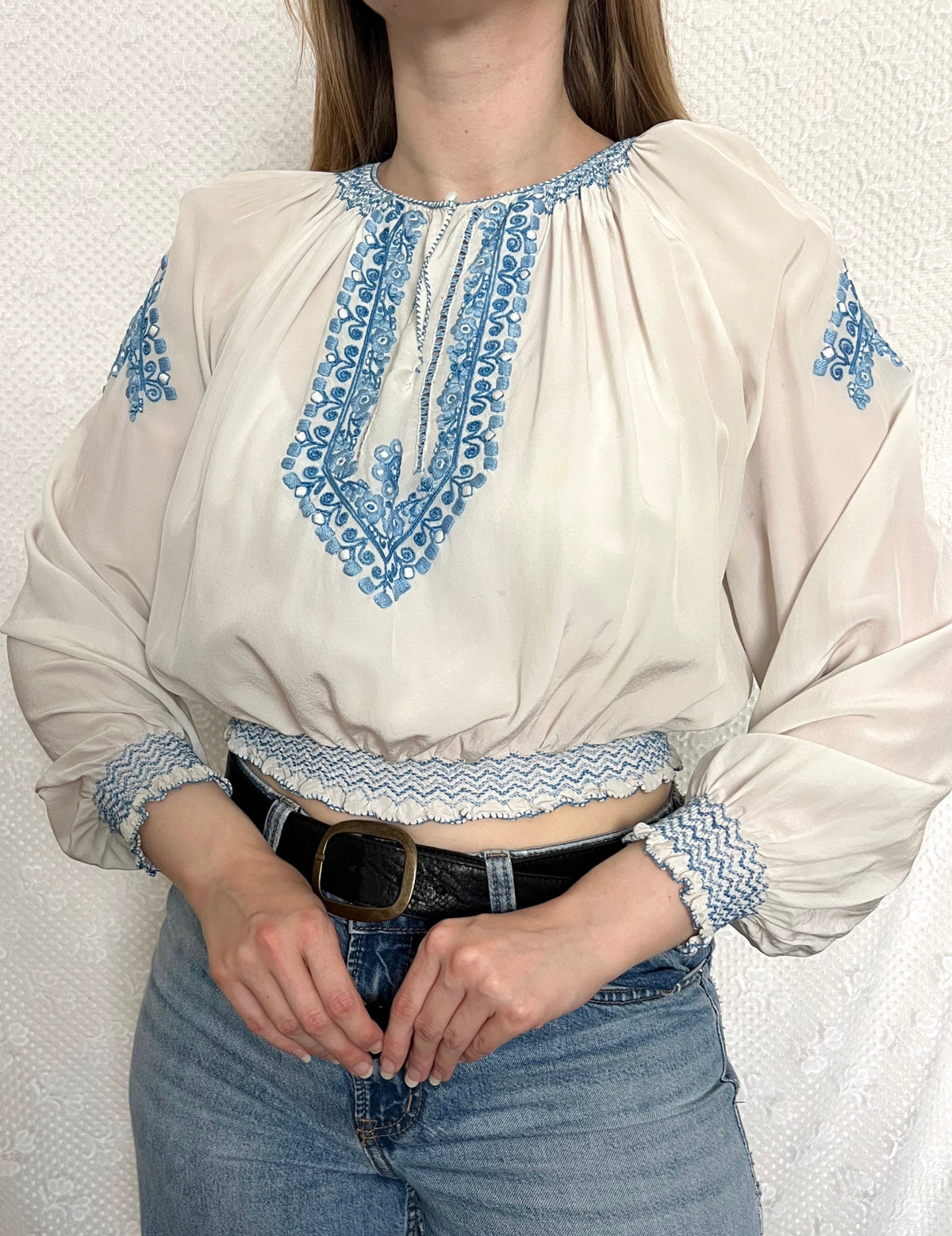 1930s Hungarian blue embroidery blouse, Size S