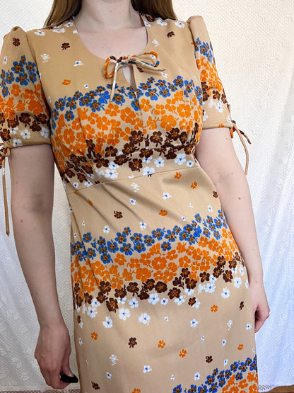 70s beige floral dress, Size M