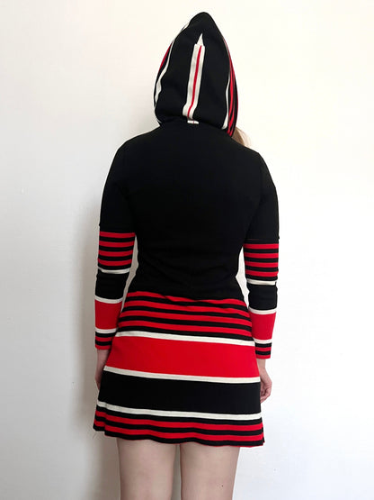 70s black striped hooded dress, Size S