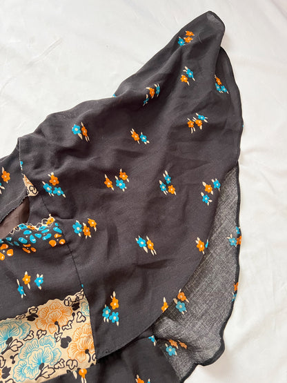 70s black floral cape dress, Size S