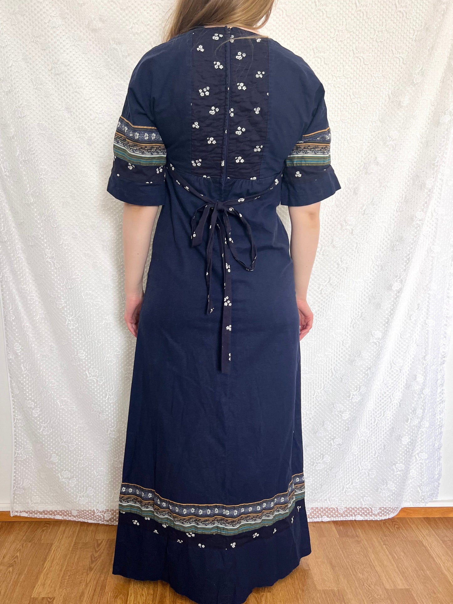 70s cotton dark blue maxi dress, Size S