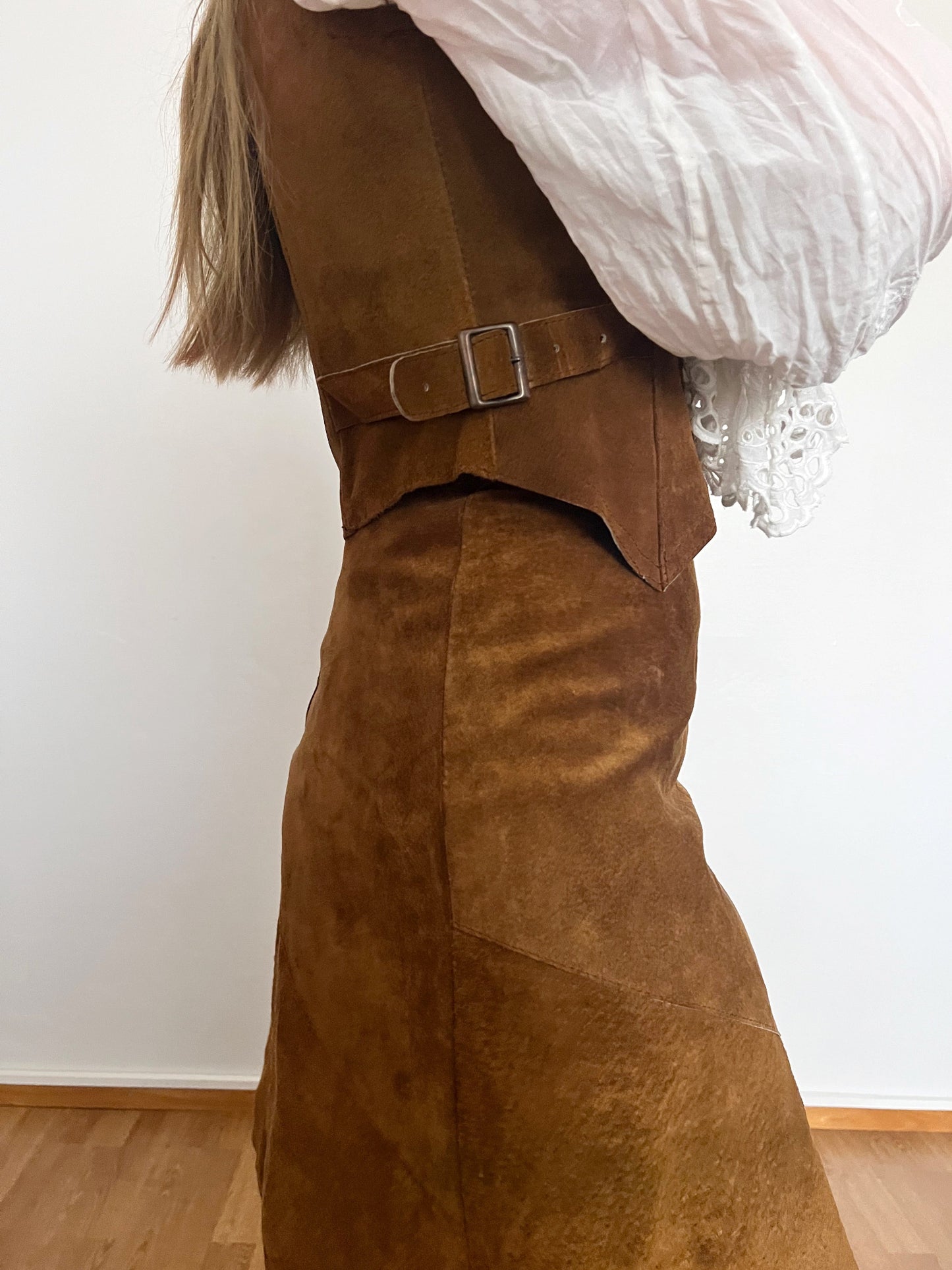 70s brown suede vest and skirt set, Size S