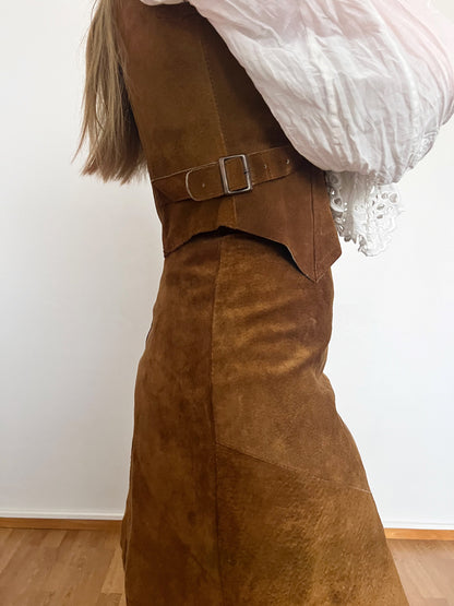 70s brown suede vest and skirt set, Size S