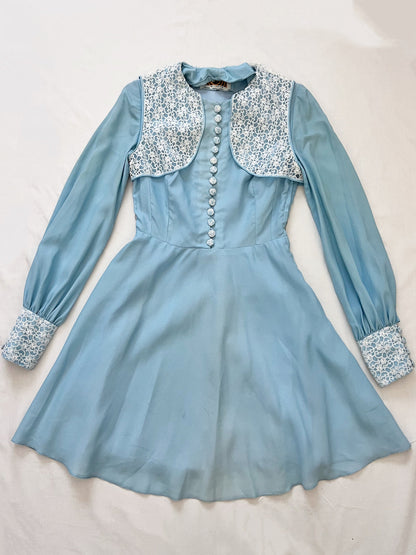 60s blue mini dress with lace vest, Size XS