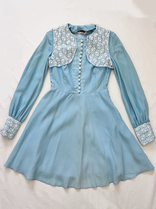 60s blue mini dress with lace vest, Size XS