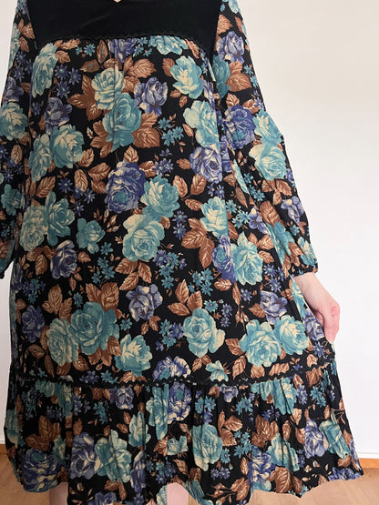 70s floral and black velvet dress, Size S