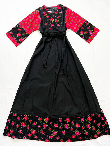 70s black and red flower dress, Size S