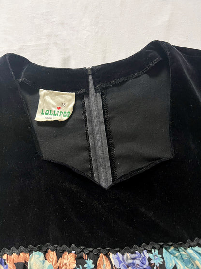 70s floral and black velvet dress, Size S