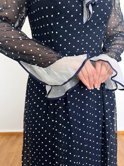 70s blue and white polka dot dress, Size M