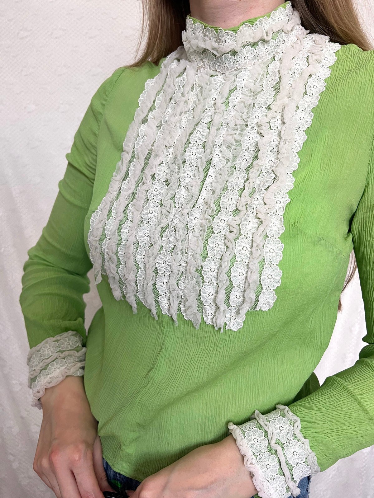 70s Victorian inspired green & lace blouse, Size M