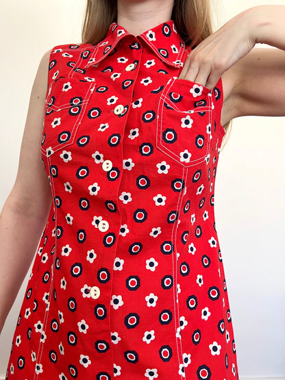 60s red flower mini dress, Size M