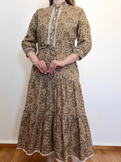 70s beige floral dress, Size XS-S