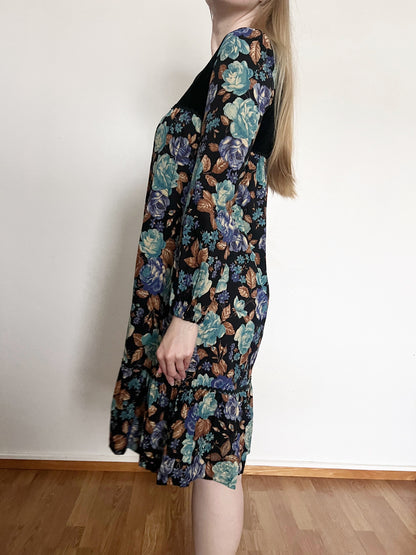 70s floral and black velvet dress, Size S