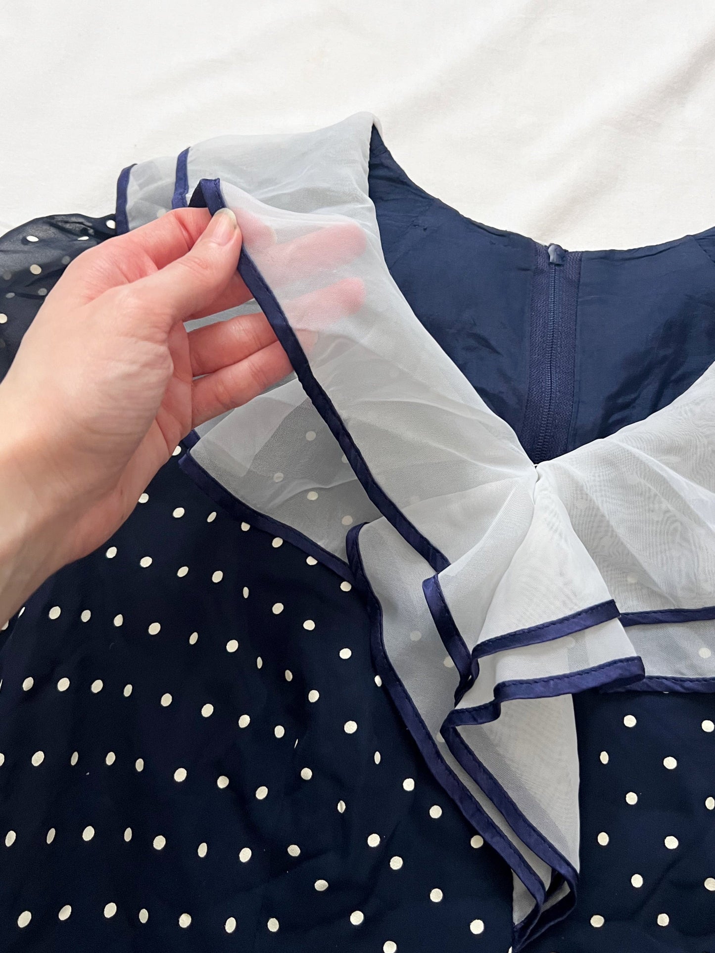 70s blue and white polka dot dress, Size M